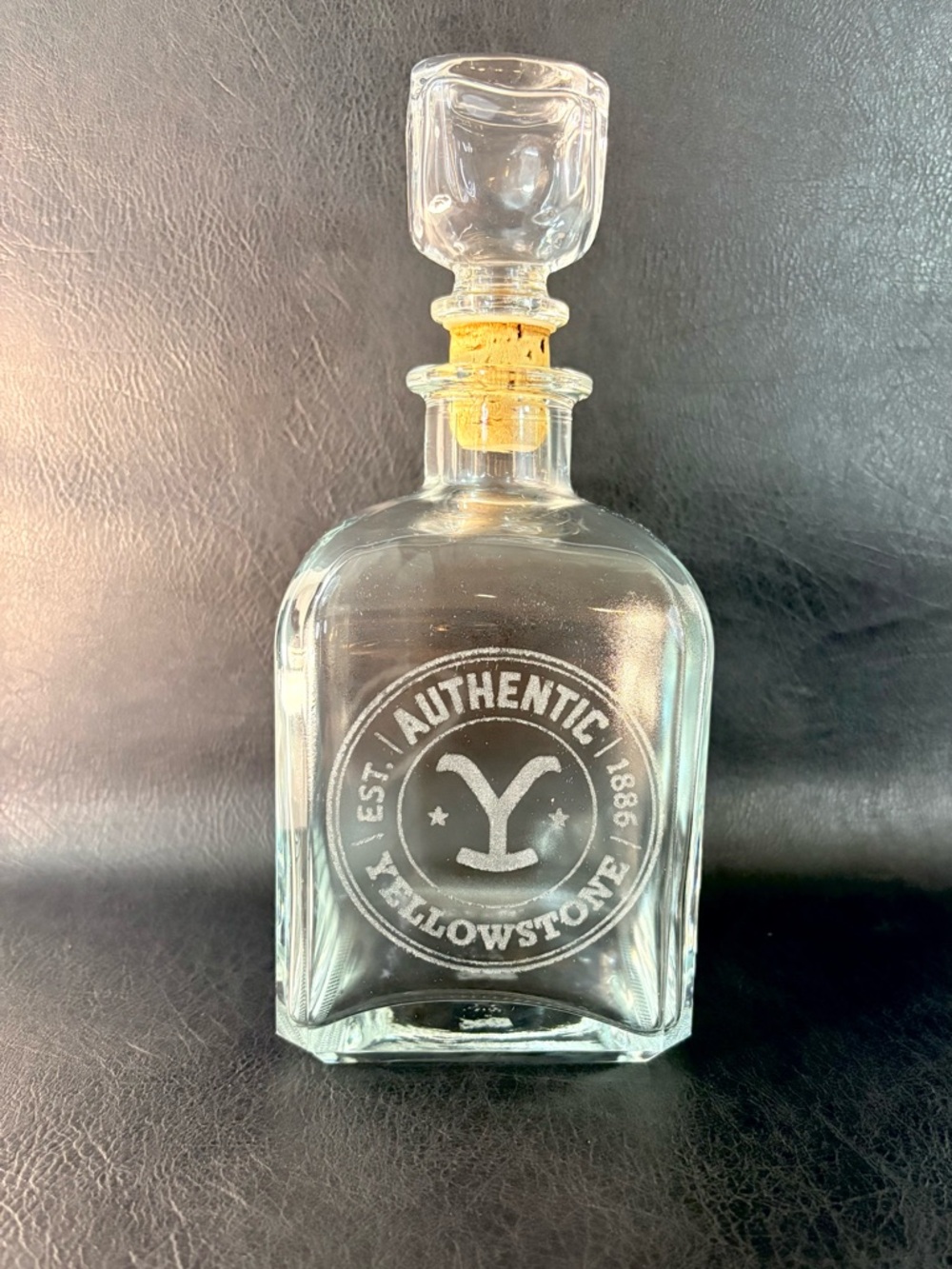 Yellowstone Ranch Glass Decanter w/ Cork Stopper – Etched “Authentic 1886” 9”